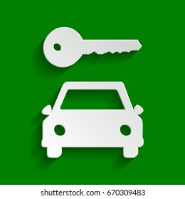 Car key simplistic sign. Vector. Paper whitish icon with soft shadow on green background.