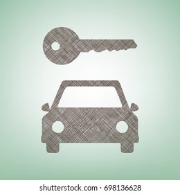 Car key simplistic sign. Vector. Brown flax icon on green background with light spot at the center.