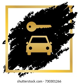 Car key simplistic sign. Vector. Golden icon at black spot inside golden frame on white background.