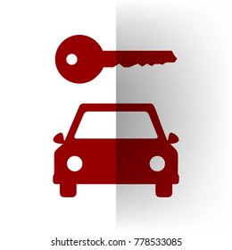 Car key simplistic sign. Vector. Bordo icon on white bending paper background.
