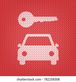 Car key simplistic sign. Vector. Knitted white icon on a red knitted background.