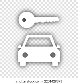 Signo simplista de la llave del coche. Icono blanco con sombra gris natural caída en fondo transparente. Ilustración.