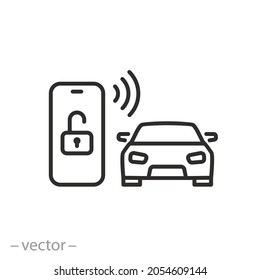 car key in smartphone icon, using smart lock application, automatic locking or open door in vehicle, phone nfc technology, close auto, thin line symbol on white background - editable stroke vector svg