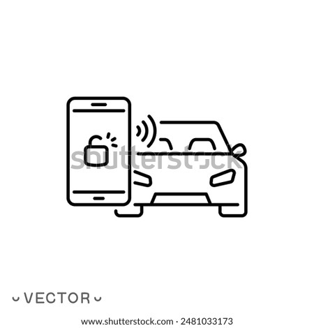 car key in smartphone icon, using smart lock application, automatic locking or open door in vehicle, phone nfc technology, close auto, thin line symbol isolated on white background, eps 10 vector