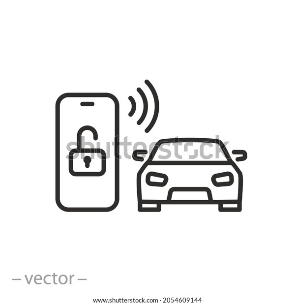 car key in smartphone icon, using smart lock\
application, automatic locking or open door in vehicle, phone nfc\
technology, close auto, thin line symbol on white background -\
editable stroke vector