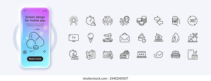 Car key, Sports stadium and International flight line icons for web app. Phone mockup gradient screen. Pack of Mail, Delivery app, 360 degrees pictogram icons. Vector