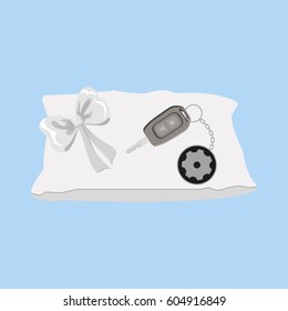 Car key with trinket. Unwrapped gift with ribbon. Flat vector illustration