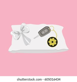 Car key with trinket. Unwrapped gift with ribbon. Flat vector illustration