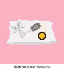 Car key with trinket. Unwrapped gift with ribbon. Flat vector illustration