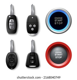 Car key vector. Ignition launching button and door lock 3d realistic mockup set. Electronic start and stop, access secure tool accessory illustration. Different drive modes