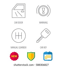 Car key, warning and manual gearbox icons. Car door, transmission linear signs. Shield protection, calendar and new tag web icons. Vector