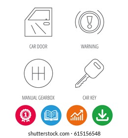 Car key, warning and manual gearbox icons. Car door, transmission linear signs. Award medal, growth chart and opened book web icons. Download arrow. Vector