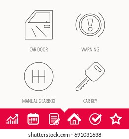 Car key, warning and manual gearbox icons. Car door, transmission linear signs. Edit document, Calendar and Graph chart signs. Star, Check and House web icons. Vector