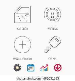 Car key, warning and manual gearbox icons. Car door, transmission linear signs. Calendar, Graph chart and Cogwheel signs. Download colored web icon. Vector