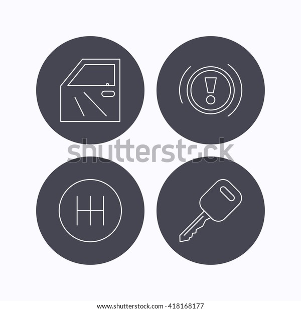 Car key, warning and manual gearbox icons. Car\
door, transmission linear signs. Flat icons in circle buttons on\
white background. Vector