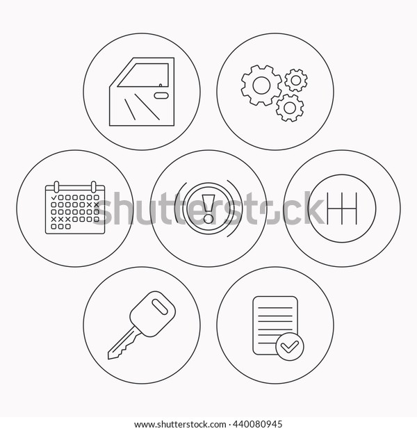 Car key, warning and manual gearbox icons. Car\
door, transmission linear signs. Check file, calendar and cogwheel\
icons. Vector
