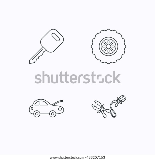 Car key,\
wheel and repair service icons. Battery terminal linear sign. Flat\
linear icons on white background.\
Vector