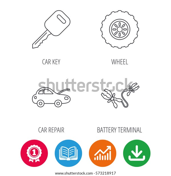 Car key, wheel and repair service icons.\
Battery terminal linear sign. Award medal, growth chart and opened\
book web icons. Download arrow.\
Vector