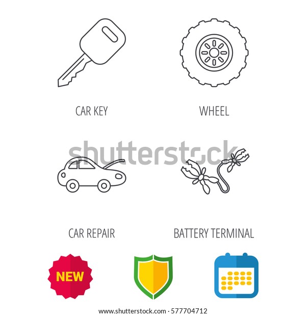Car key, wheel and repair service icons. Battery\
terminal linear sign. Shield protection, calendar and new tag web\
icons. Vector