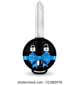 Car key wrapped in blue ribbon. Expensive gift. Vector illustration isolated on white background