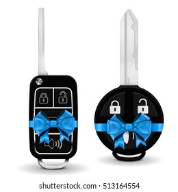Car key wrapped with ribbon. Vector illustration isolated on white background