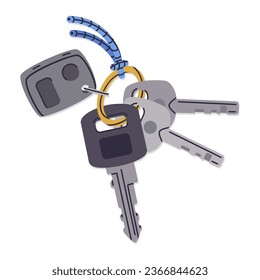 Car keys bunch. Modern apartment and car keys, door keys with keyring flat vector illustration on white background