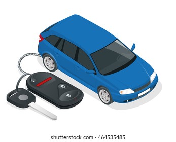  Car and Car Keys and charm of the alarm system. Flat 3d isometric vector illustration.