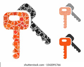 Car keys composition of rugged pieces in different sizes and color tinges, based on car keys icon. Vector inequal pieces are grouped into composition. Car keys icons collage with dotted pattern.