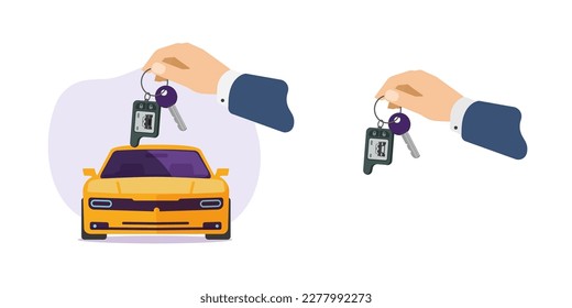 Car keys hold hand flat vector icon, rental purchase design, sell or buy dealer concept vehicle, new auto test drive service graphic illustration image, salesman give purchased automobile