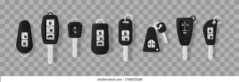 Car keys isolated on a transparent background. Car key and alarm system. 3d realistic mockup. Vector illustration, eps 10.