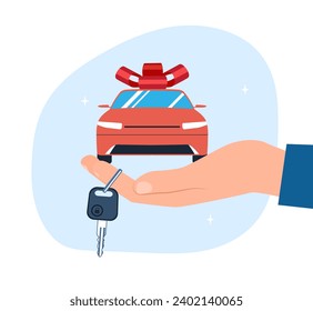 Coche con llaves en la palma en una cinta de regalo. Ilustración vectorial.