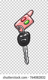Car keys with red and green buttons from glamorous pink cabriolet isolated on transparent background. Cartoon keys from girlish car just from car showroom vector illustration. Drawn car keys icon.
