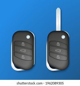 llaves de coche con mando a distancia. tecla abierta y cerrada. ilustración vectorial realista sobre fondo azul.