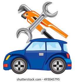 Car and keys for servicing on white background is insulated