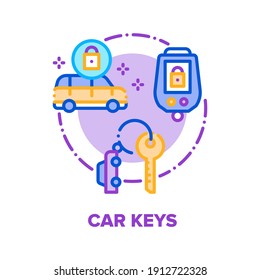 Car Keys Trinket Vector Icon Concept. Vehicle Keys With Alarm Security System, Electronic Remote Control For Lock And Unlock Automobile Door, Start Engine Driver Tool Color Illustration