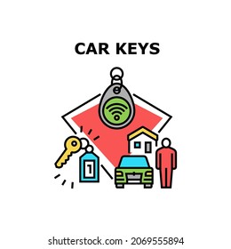 Car Keys Trinket Vector Icon Concept. Car Keys Trinket, Electronic Accessory Locking And Unlocking House Door And Automobile, Starting And Stop Engine. Security Tool Color Illustration