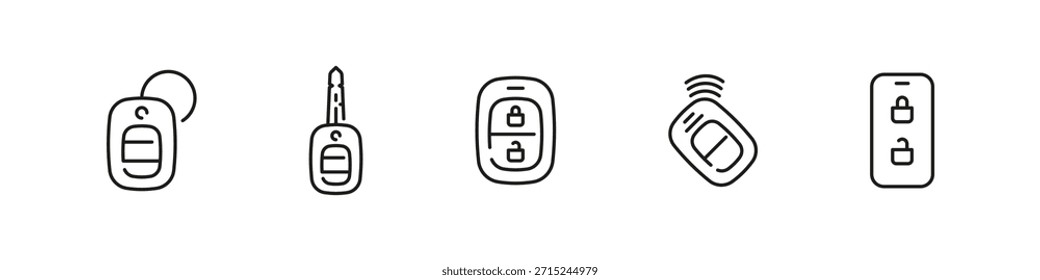 Conjunto de iconos de contorno de Vector de llaves de coche. Colección de seguridad de vehículos, accesos y transporte