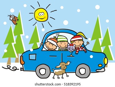 car, kids and pets, vector illustration