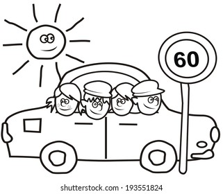 car and kids ,road sign, coloring book , vector illustration