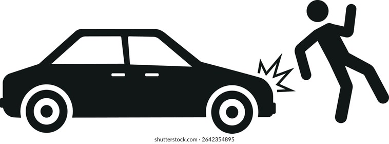 Carro derrubou ícone de pedestre. Sinais e símbolos de trânsito.