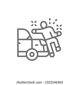 Car knocks down a man, crash line icon.