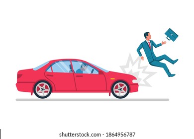 Car knocks down a person. Accident, insured event. Car and pedestrian. Vector illustration flat design. Isolated on white background.