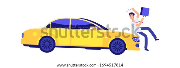 Car knocks\
down person. Accident, insured event. Car and pedestrian violating\
traffic rules vector\
illustration