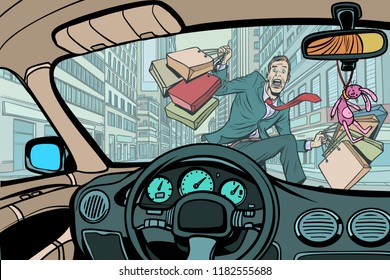 car knocks a pedestrian with purchases on sale. Comic cartoon pop art retro vector illustration drawing