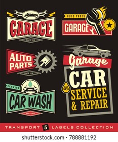 Car labels, signs, emblems, logos and stickers collection. Garage, car service, auto parts, car wash. Vector set.