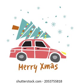 Car with a large decorated Christmas tree on the trunk. New Year's toy transport with a gift rides under a snowfall. Symbol of winter holidays for the decoration of cards, poster. Vector illustration.