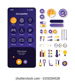 Car launcher smartphone interface vector template. Mobile app page purple and black design layout. Smart car screen. Flat UI for application. Speed, temperature control and music. Phone display