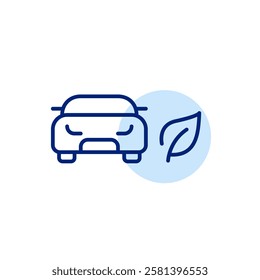 Car and leaf. Green mobility, eco-friendly vehicle, low emission, electric and sustainable transportation. Pixel perfect, editable stroke icon