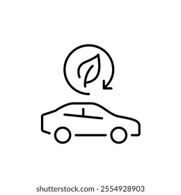 Car, leaf and renew arrow. Sustainable driving and renewable energy. Green transportation and reduced emissions. Pixel perfect vector icon