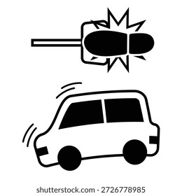 Un automóvil inclinado hacia adelante debido a un frenado repentino y un pie presionando el pedal - ilustración de icono en blanco y negro